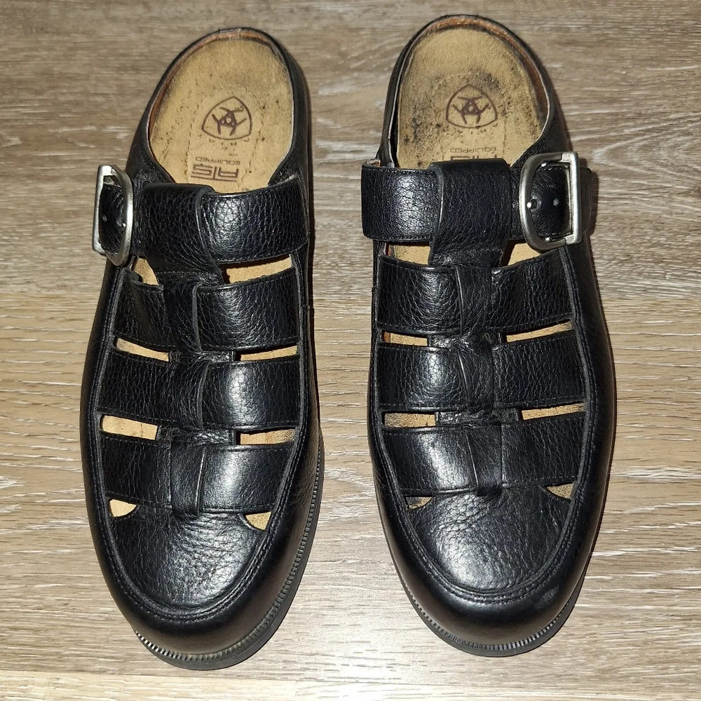 Ariat 6.5B Black Leather ATS Equipped Slip On Buckles Comfort Sandal Clogs - Picture 1 of 7